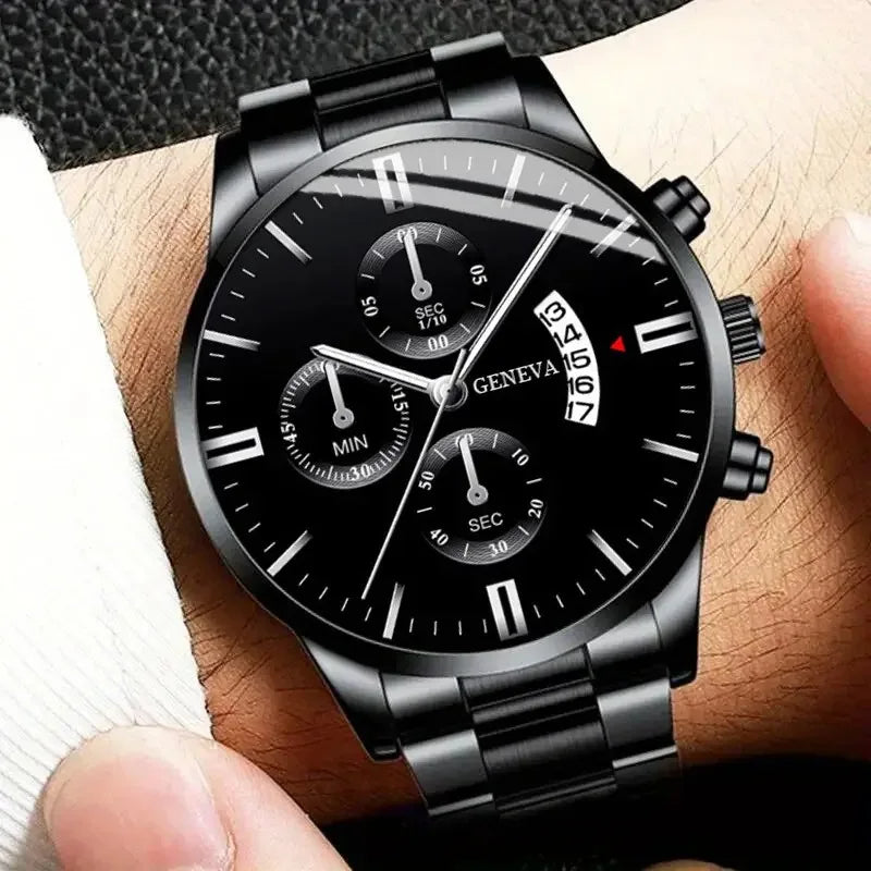 4pcs Men's Black Steel Watch & Jewellery Set