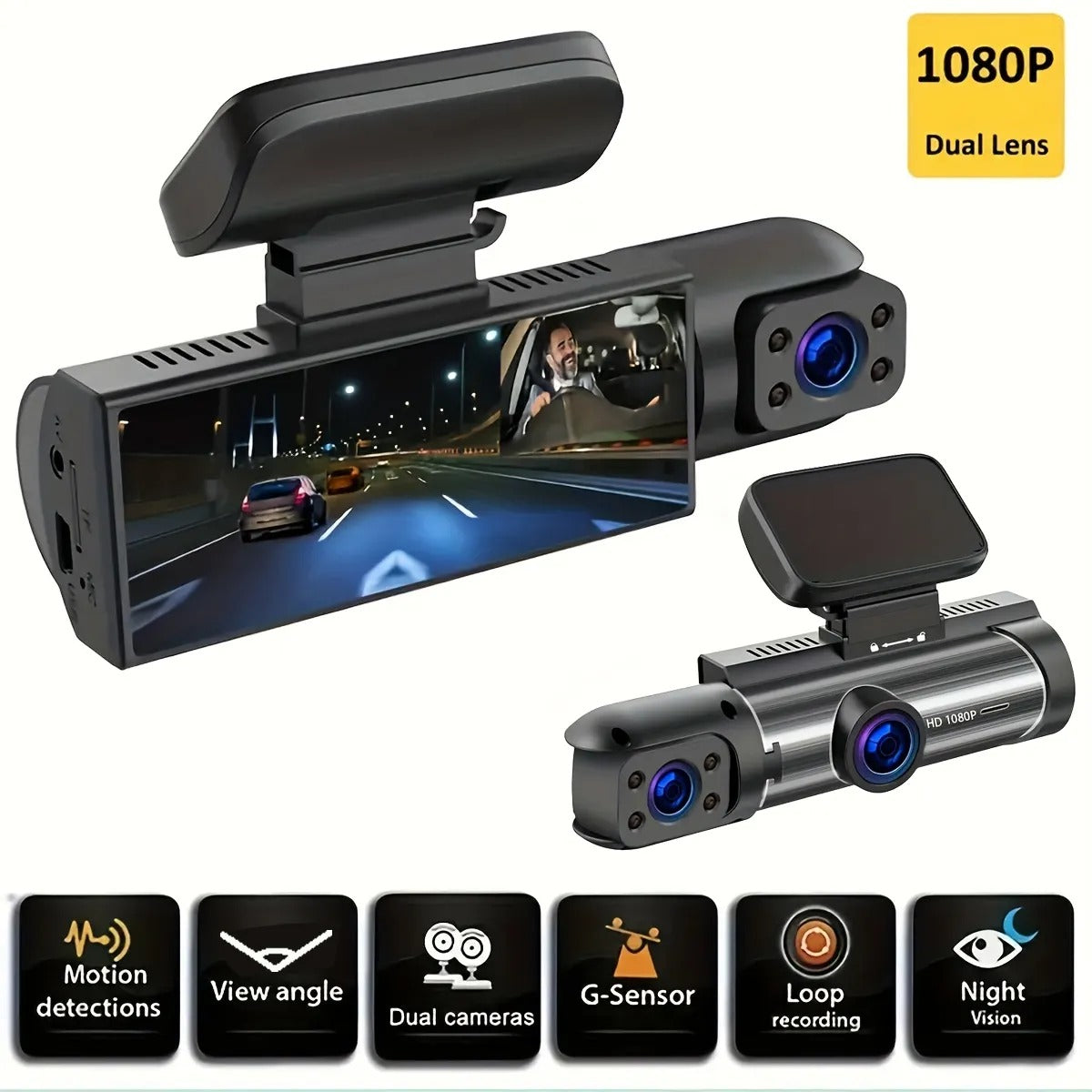1080P Front and Inside Dash Cam with Wide Angle View